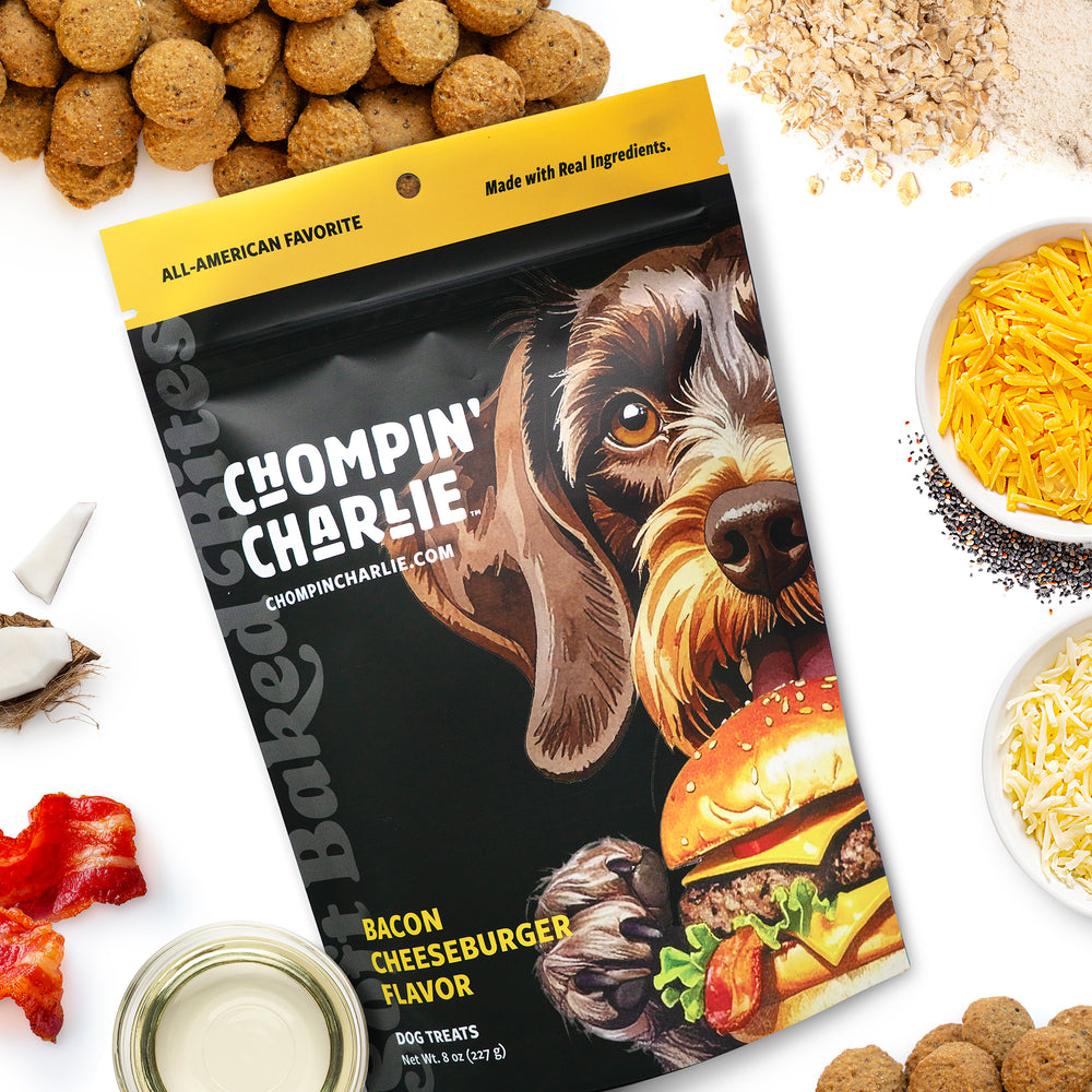 Chompin’ Charlie Bacon Cheeseburger Flavor dog treats pouch with real ingredients like bacon, cheese, oats, and coconut oil displayed around it.