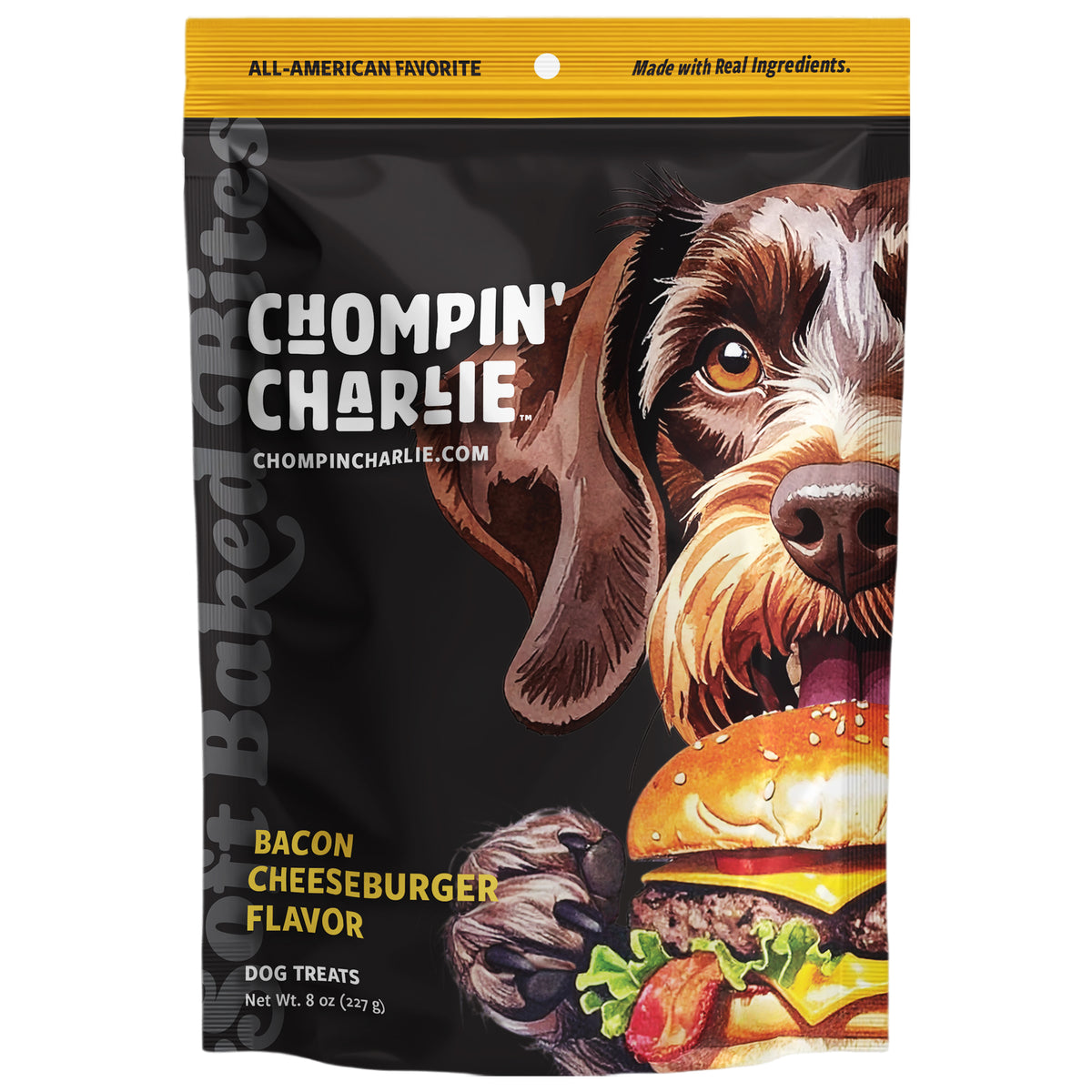 Front view of Chompin’ Charlie Bacon Cheeseburger Flavor dog treats bag featuring illustrated dog holding a cheeseburger.